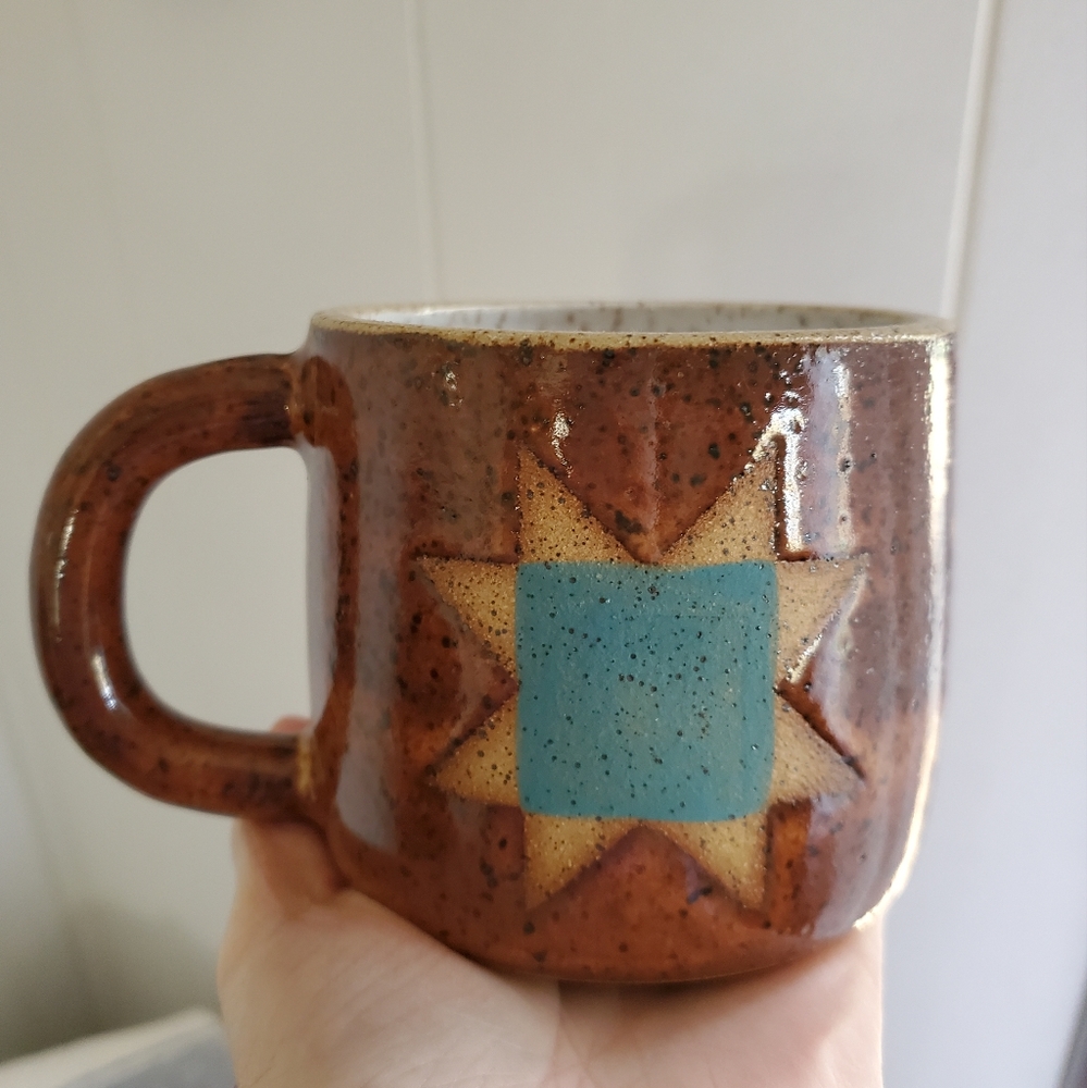 Handmade quilt block ceramic pottery mug